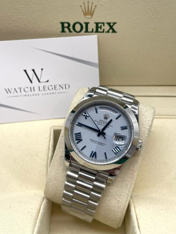 Rolex Day-Date Blue Face Roman Dial White Gold Bezel Smooth Bezel 40MM BP