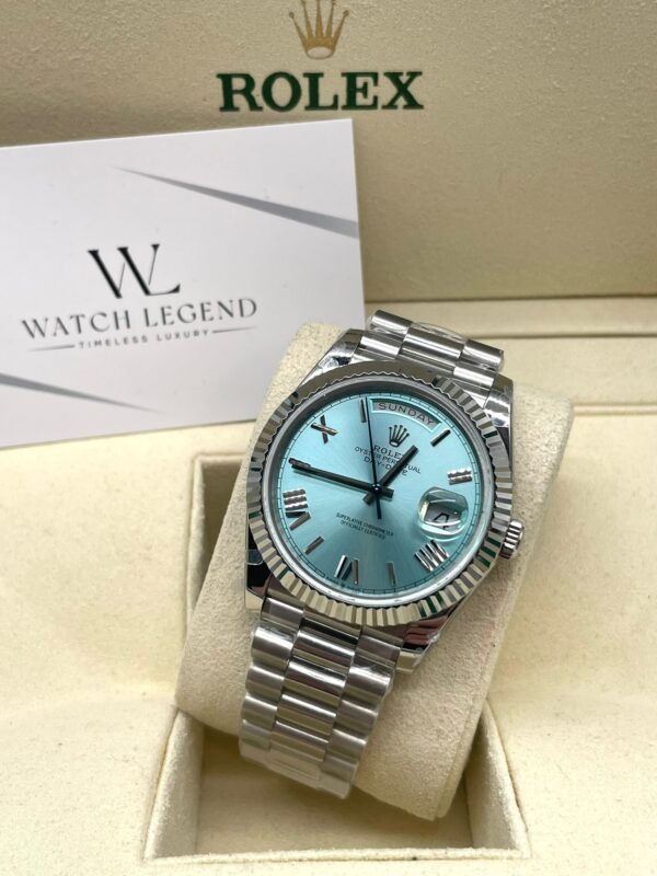 Rolex Day-Date Ice Blue Roman Platina Dial White Gold Bezel 40MM BP
